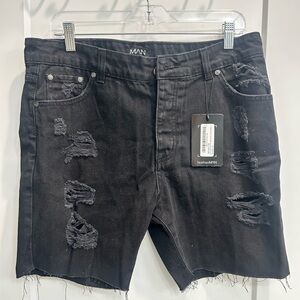 Boohoo Mens Black Ripped Jean Shorts